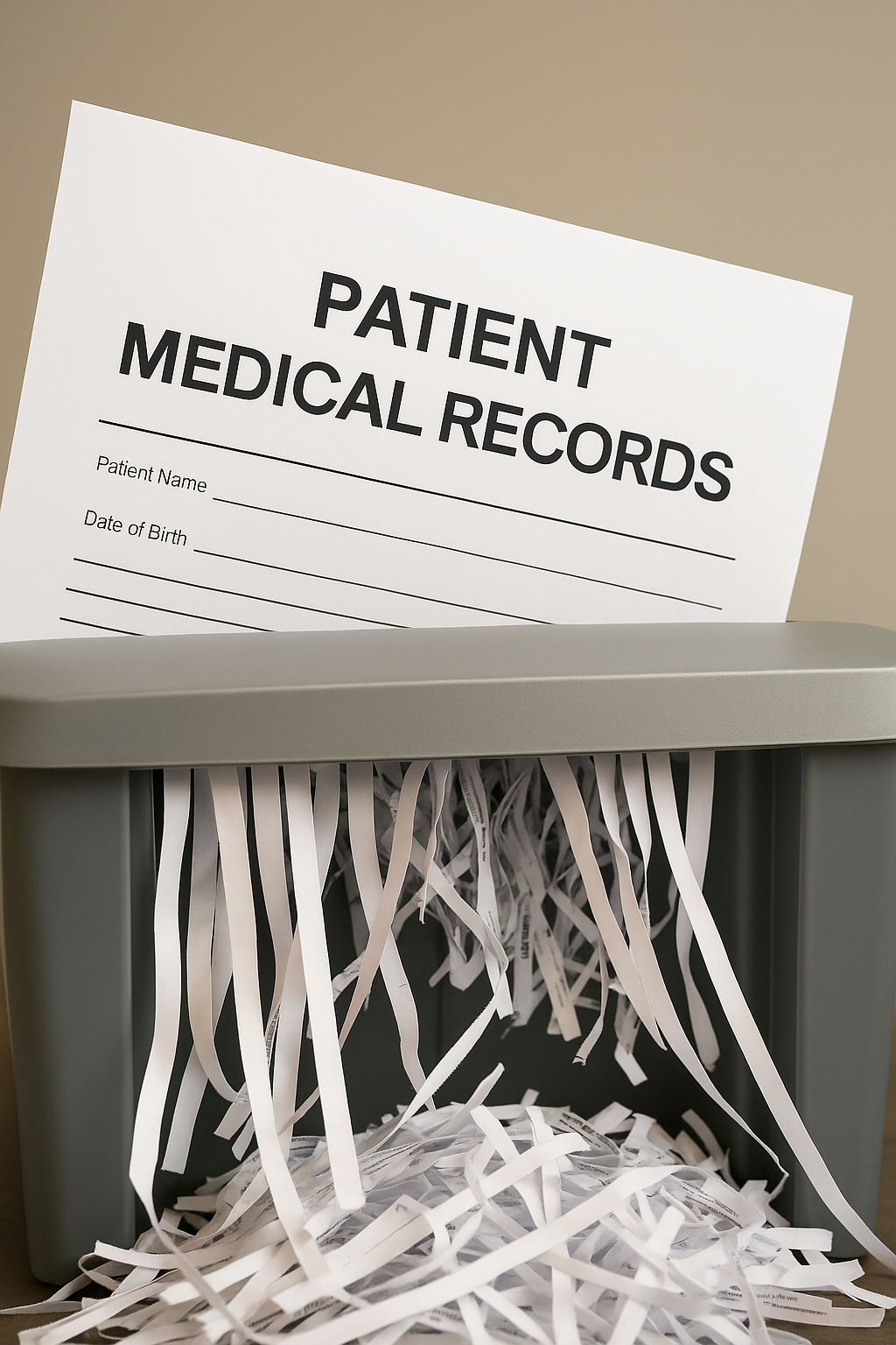 A shredder with a stack of shredded paper and a sign on top that reads 'Patient Medical Records' with lines for patient name and date of birth.