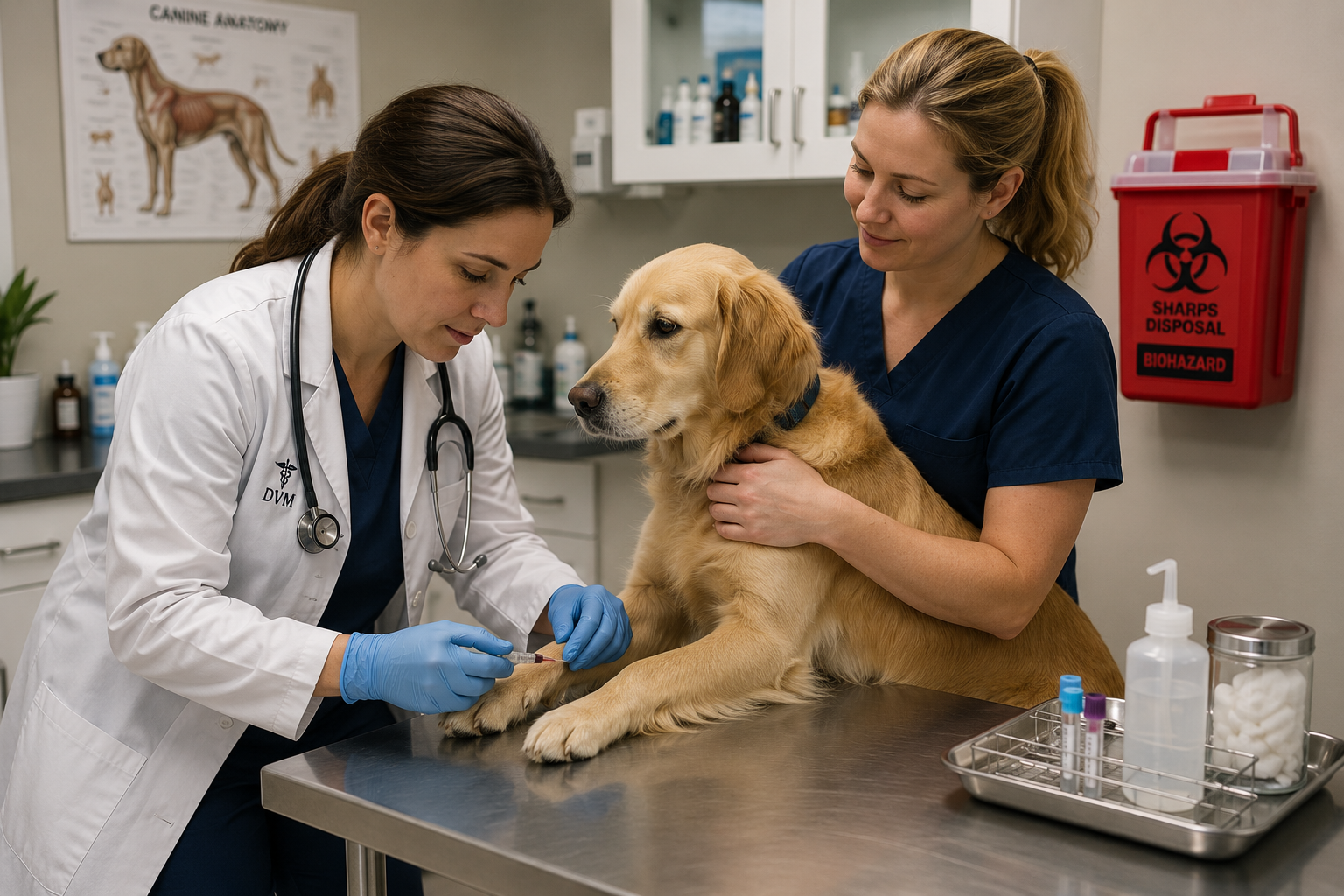 A veterinarian and a veterinary technician examine a golden retriever dog at a veterinary clinic. The veterinarian is drawing blood from the dog's paw while the technician holds the dog gently. Medical equipment and supplies are visible on the counter and shelves in the background.