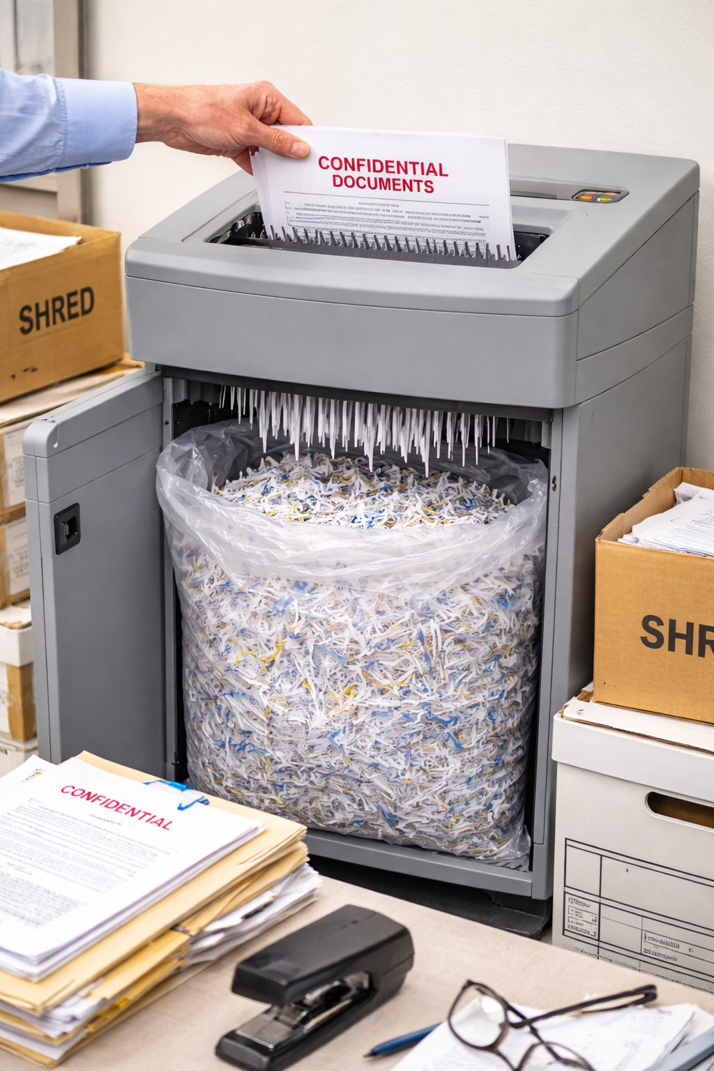 A shredder with a stack of shredded paper and a sign on top that reads 'Patient Medical Records' with lines for patient name and date of birth.