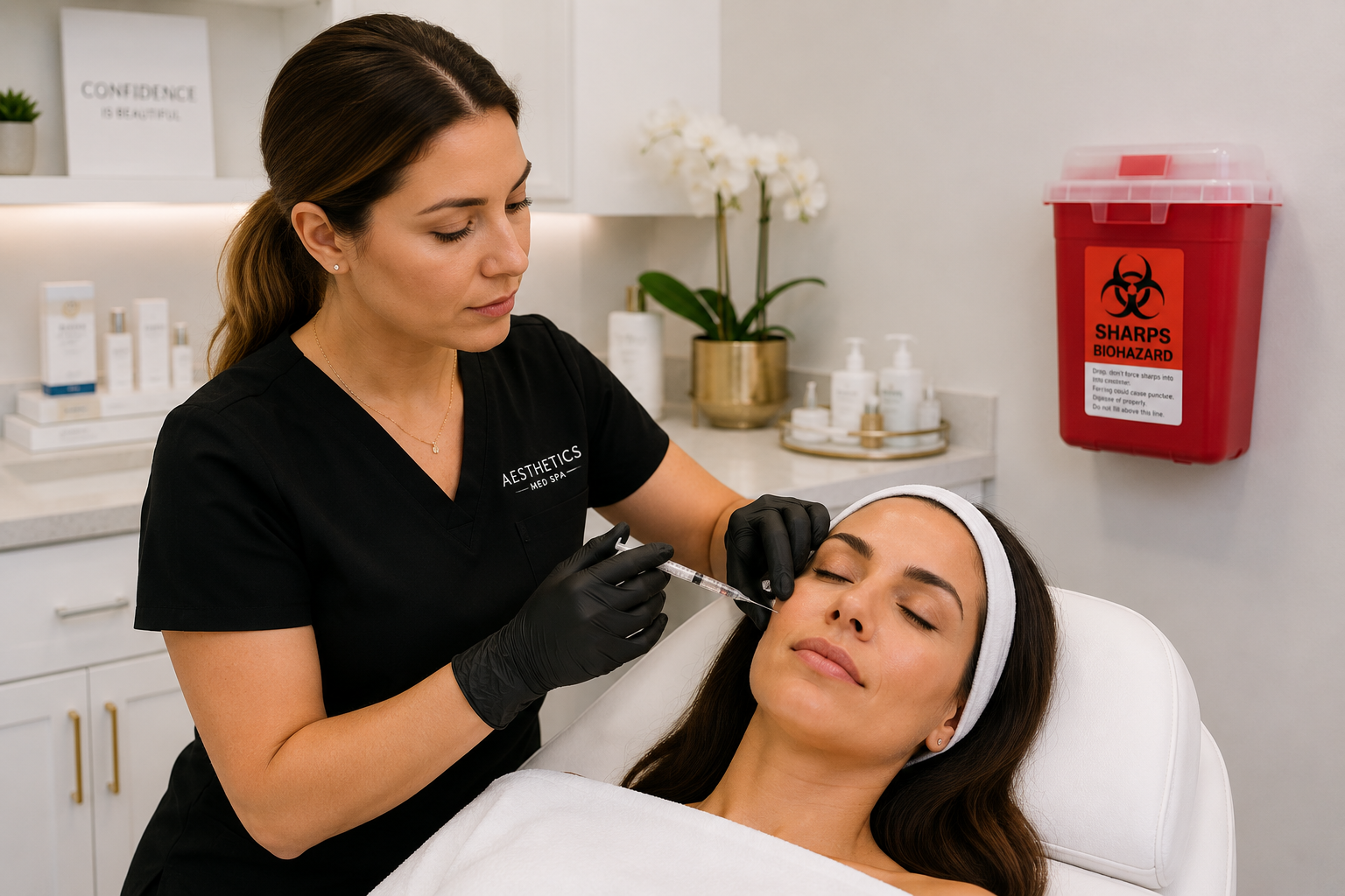 A woman is receiving a cosmetic injection from a nurse in a medical spa. The nurse is dressed in black scrubs with 'Aesthetics Medical Spa' on the chest, wearing black gloves, and holding a syringe. The patient, lying down with eyes closed and a white headband, appears relaxed. In the background, there is a red biohazard sharps container on the wall, a gold pot with white orchids, and skincare products on a counter.