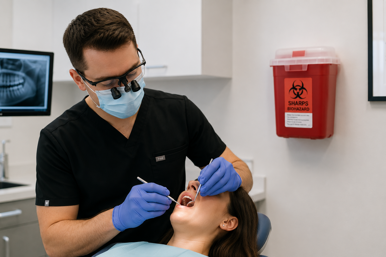 Dentist providing patient care in a dental office that requires compliant sharps disposal and medical waste management.