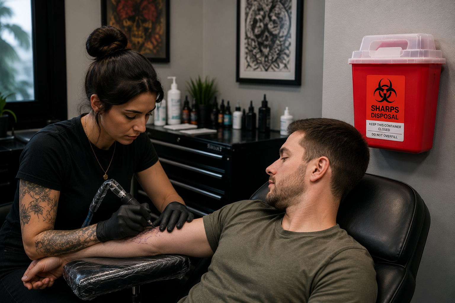 Tattoo artist performing a tattoo procedure with compliant needle and sharps disposal services.