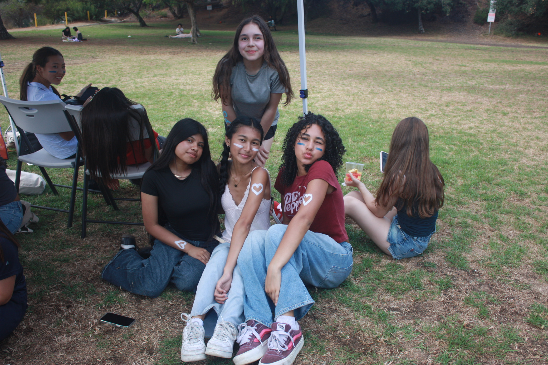 A group of young girls outdoors in a grassy park, sitting and standing close together, some with face paint, smiling and relaxing.