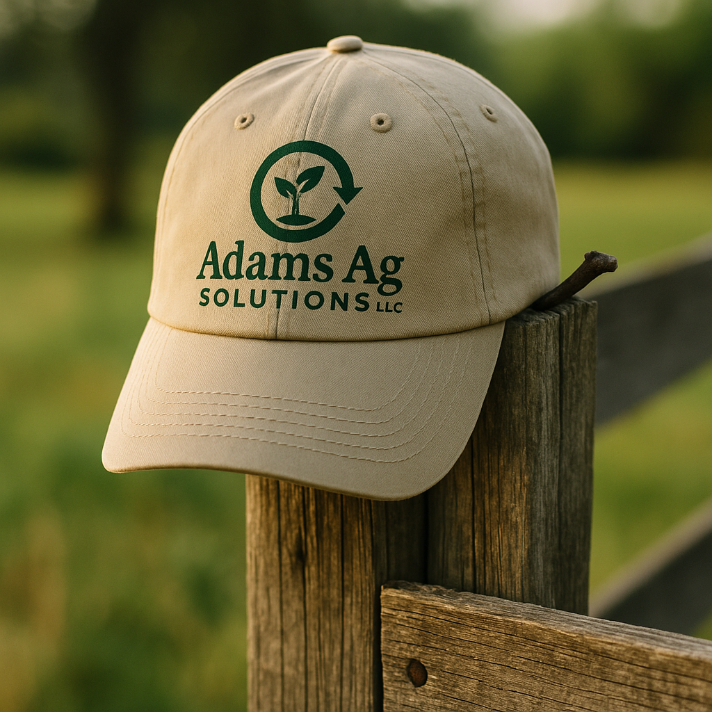 Beige baseball cap with 'Adams Ag Solutions LLC' logo hanging on a wooden fence post, with a grassy field in the background.