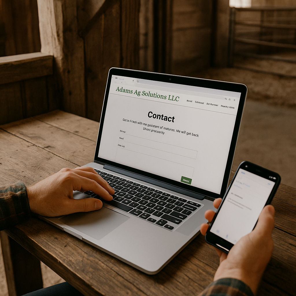 Person using a laptop and smartphone on a wooden table, viewing a contact form webpage for Adams Ag Solutions LLC.