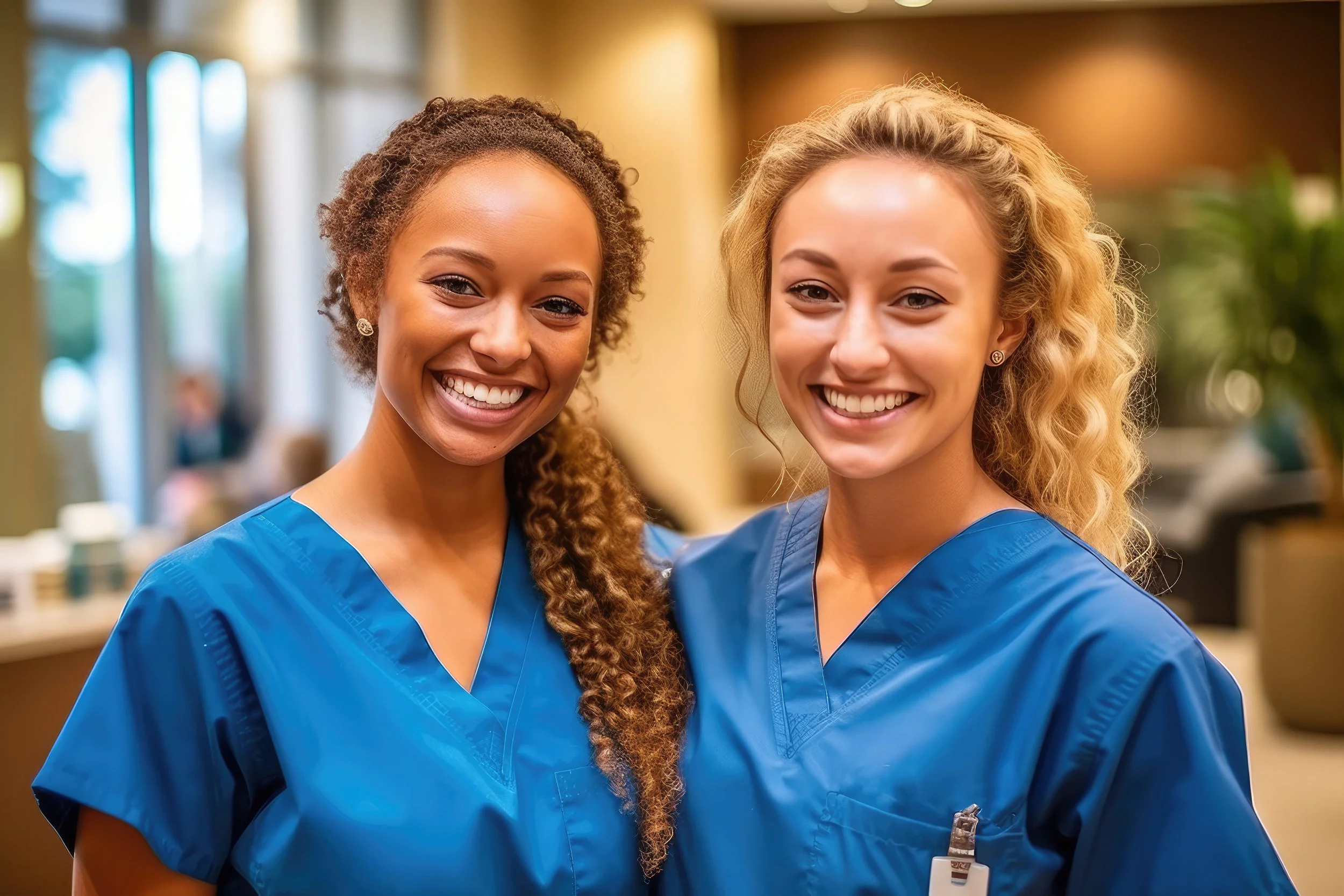Two smiling female nurses in blue scrubs standing in a bright hospital or clinic setting.