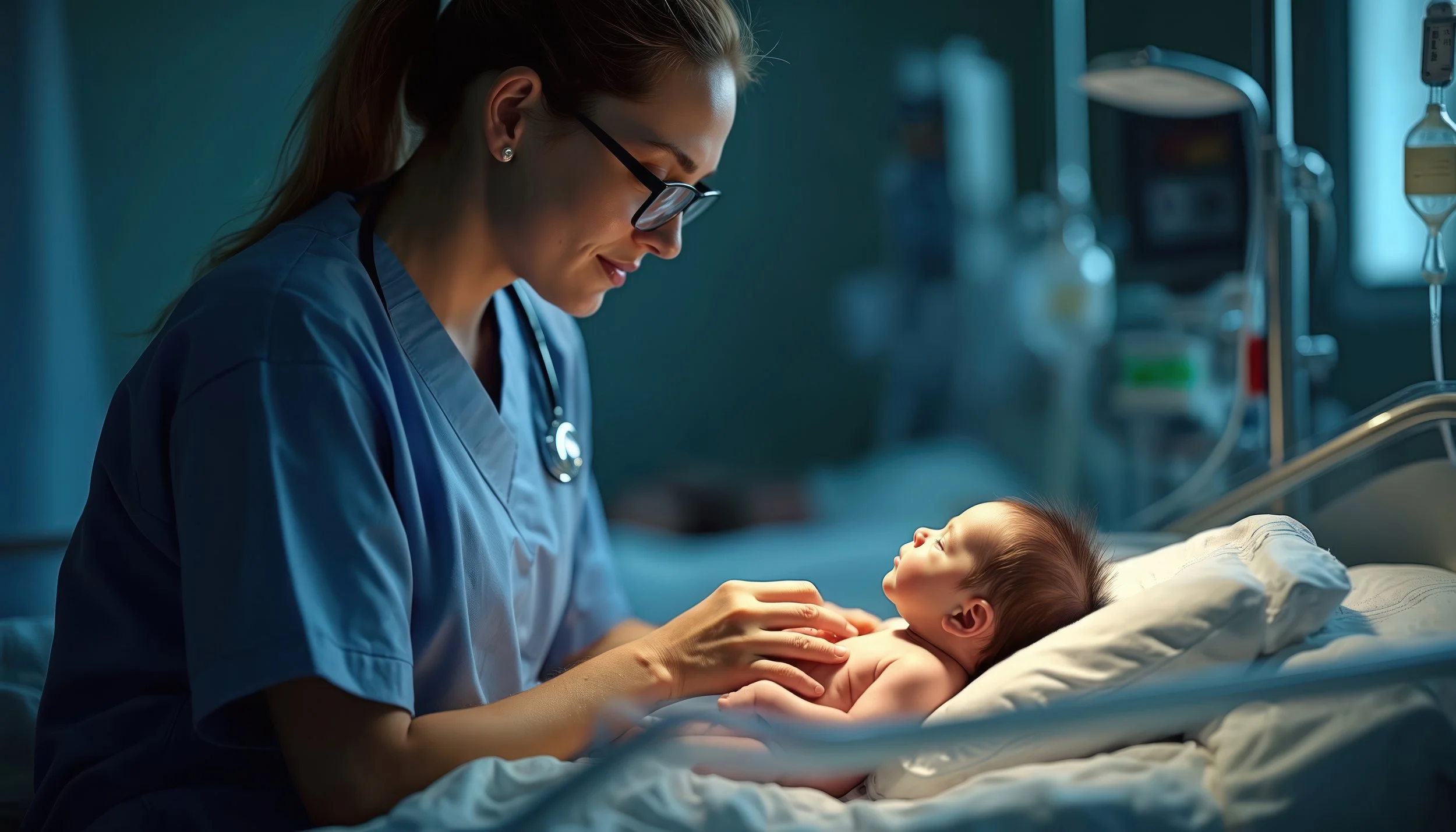 A nurse in scrubs and glasses gently holds a newborn baby on a hospital bed, looking at the baby with a caring expression in a dimly lit hospital room.