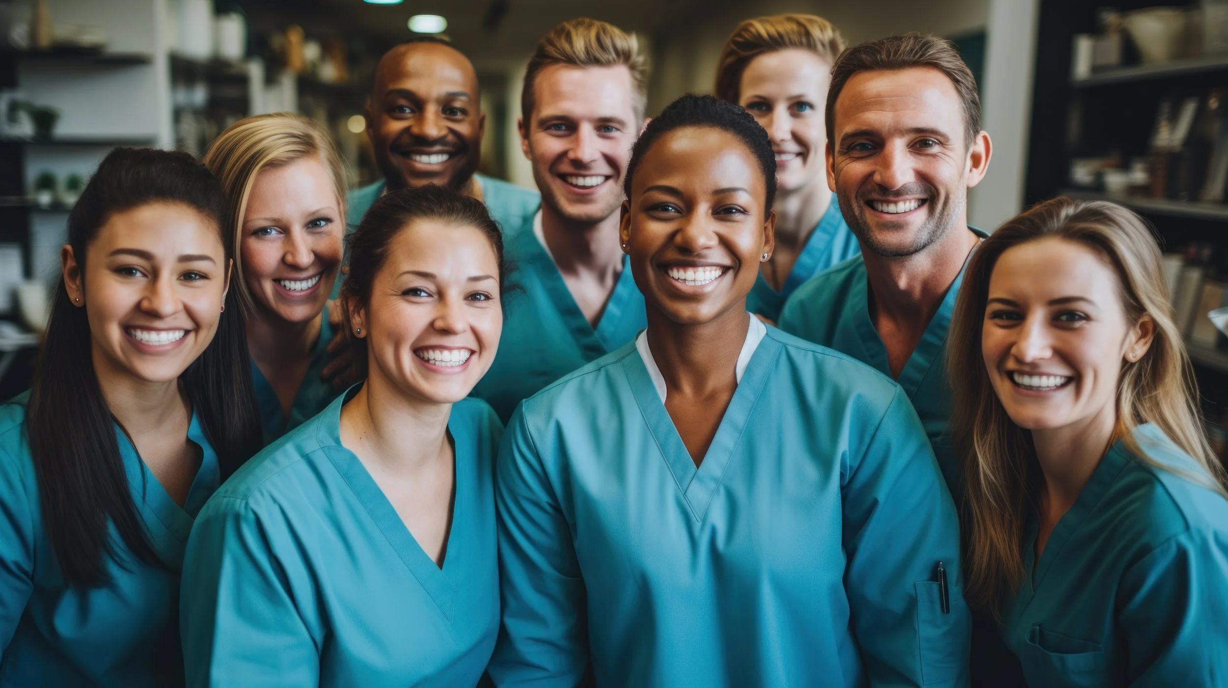 Group of smiling healthcare workers in scrubs posing for a photo in a medical facility.