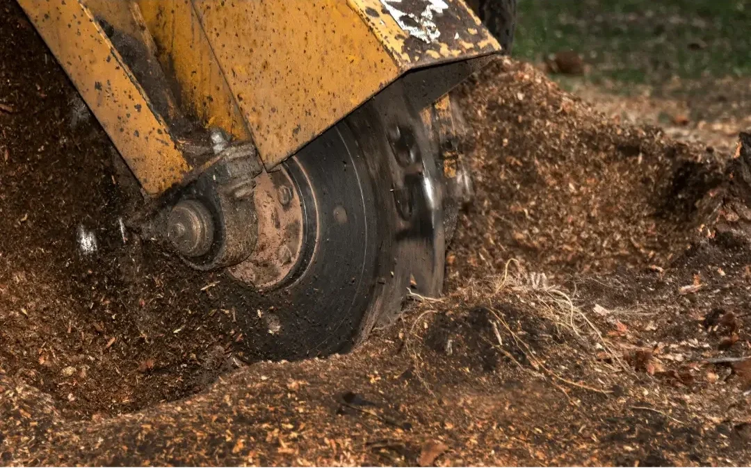Close-up of a yellow garden tiller with a metal blade, digging into dark soil and creating a furrow.
