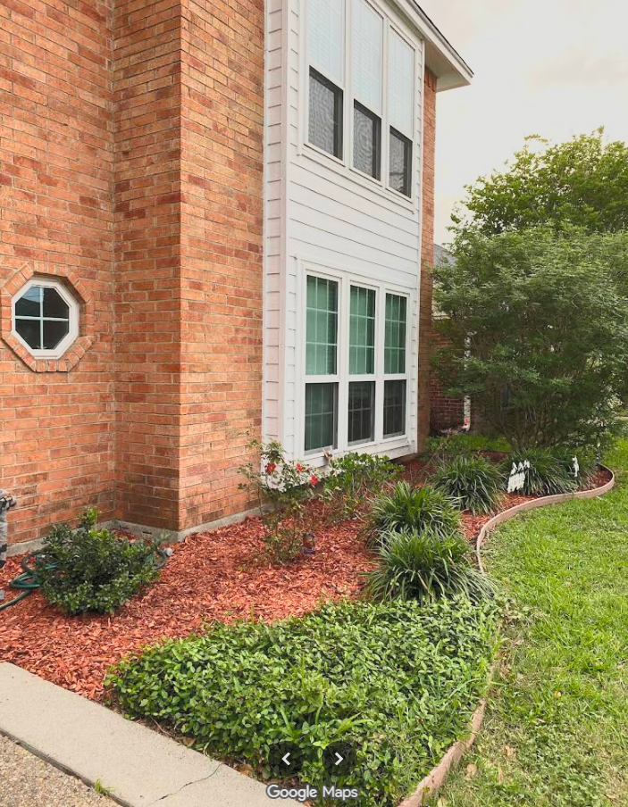 A curved garden bed with green shrubs and plants, red mulch, next to a brick house with white siding and large windows.