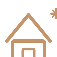 Simple line drawing of a house with a pitched roof and a small window or door