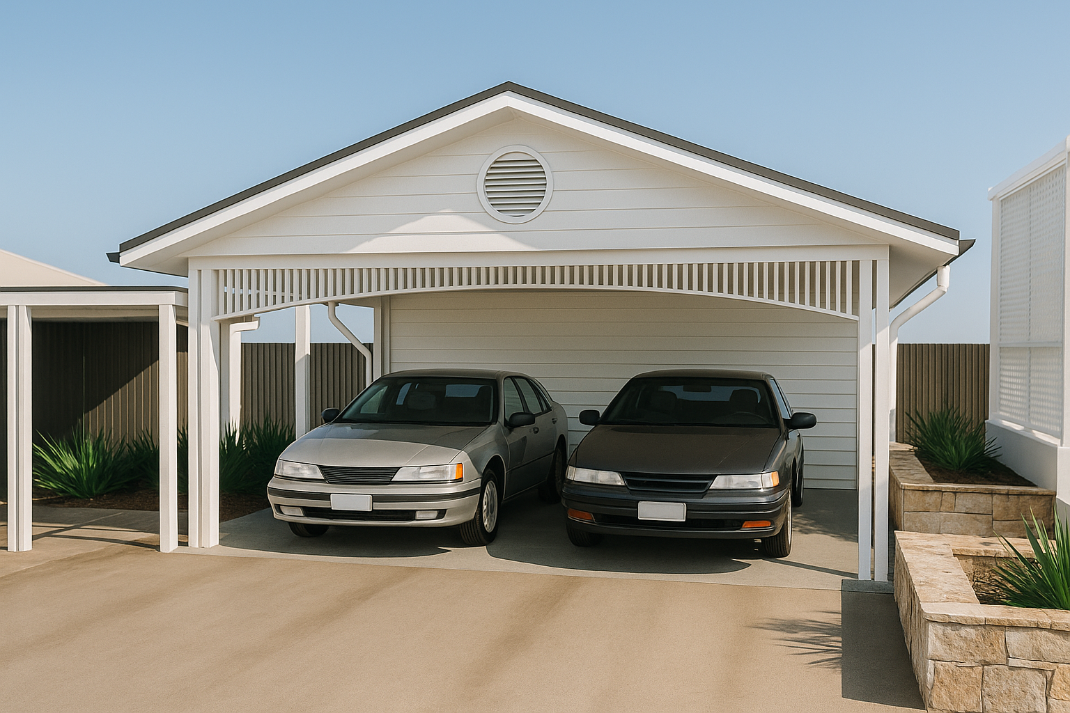 A white house with a carport containing two cars, one black and one silver, parked side by side, with beige concrete driveway, green plants, and a light blue sky.