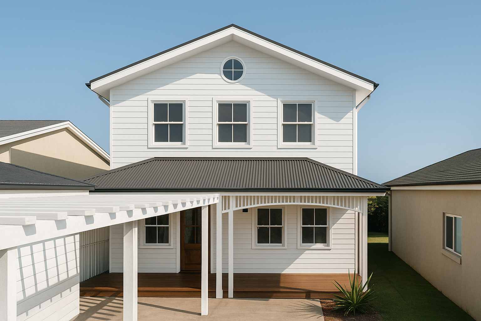 Front view of a white house with three windows on the second floor, a small circular window above, and a porch with a wooden floor and a brown door.