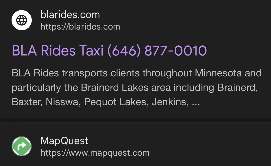 BLA Rides hits 32nd spot in Brainerd taxi Google search and near the top still in the images