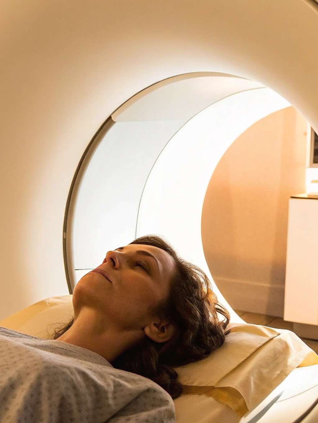 A woman lying on a medical scan bed with her head inside an MRI scanner, eyes closed, in a medical facility.