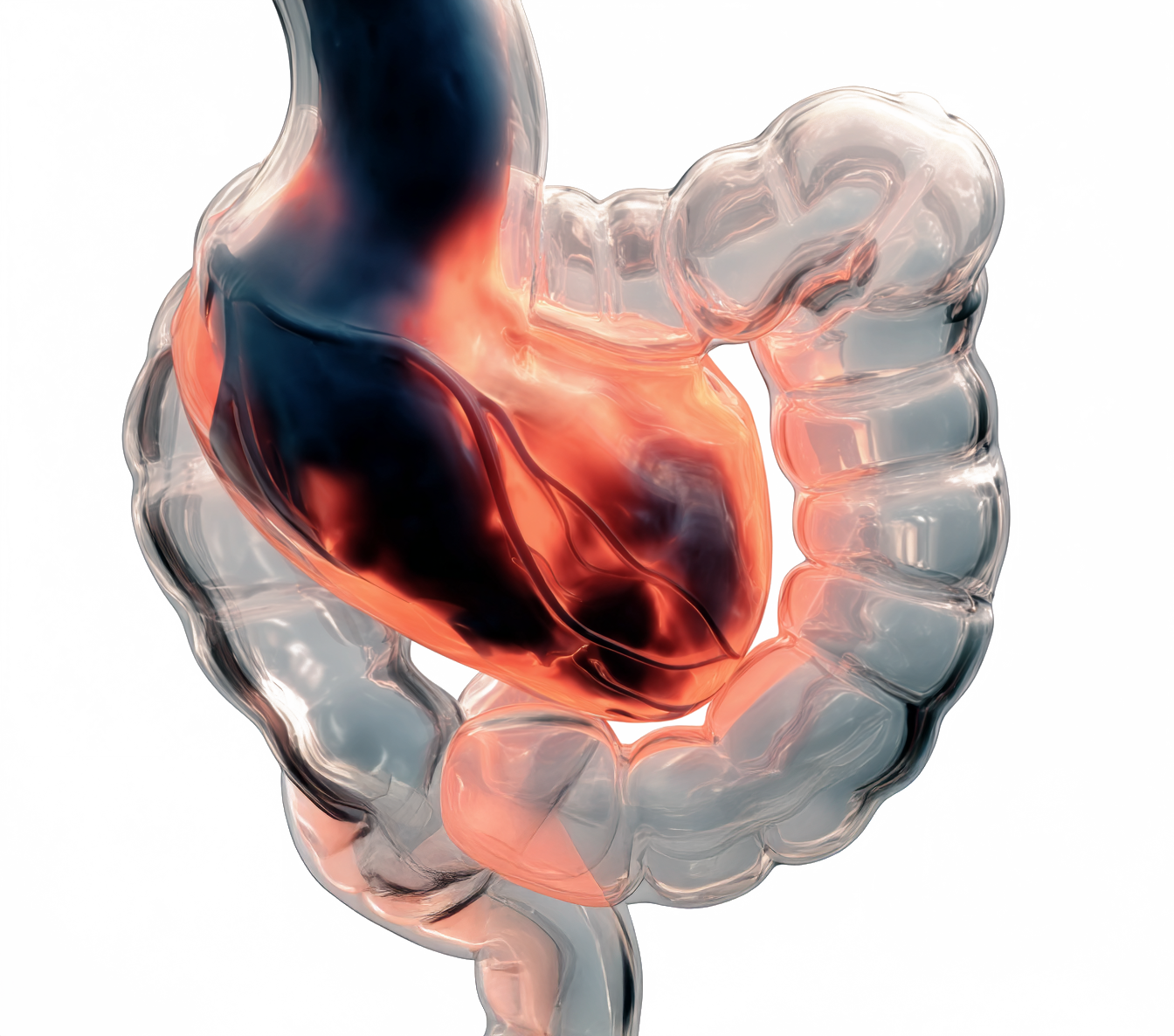 A digital illustration depicting a human large intestine with a highlighted red and black area representing the colon or inflammation inside the gut.