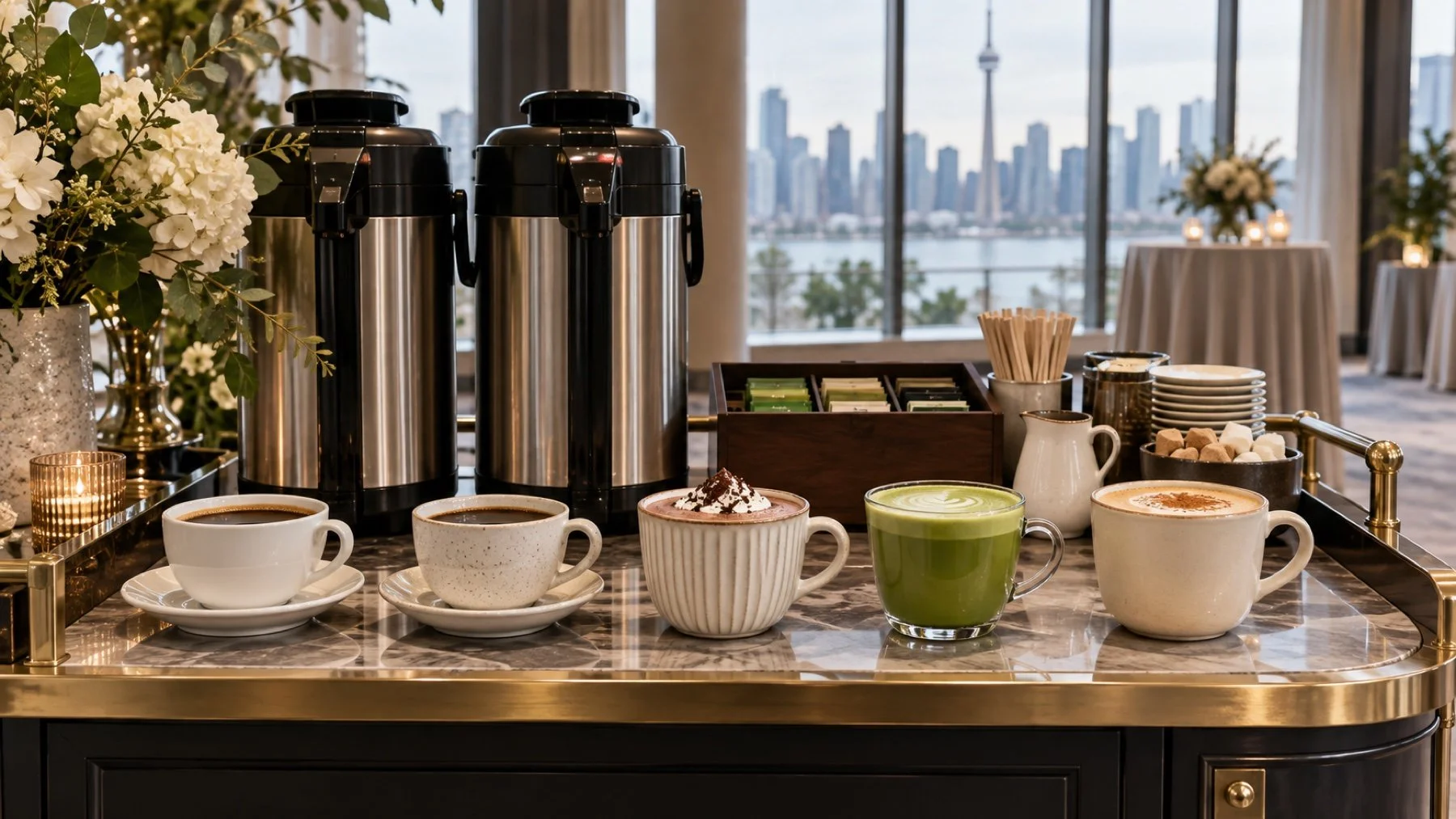 People-free event drink station with coffee, decaf, hot chocolate, matcha and chai options