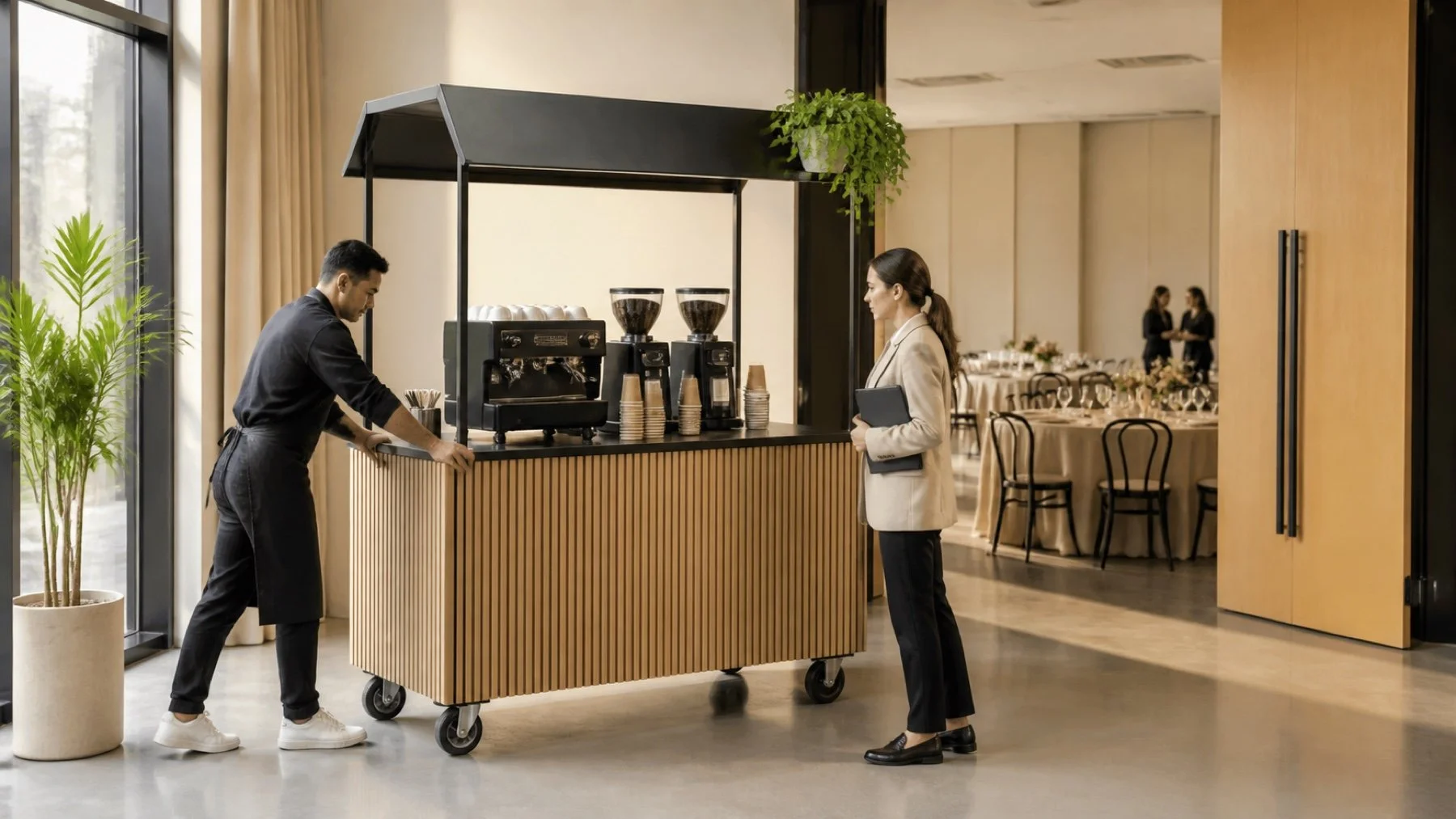 Mobile coffee cart positioned with clear service and walking space in a Toronto event venue