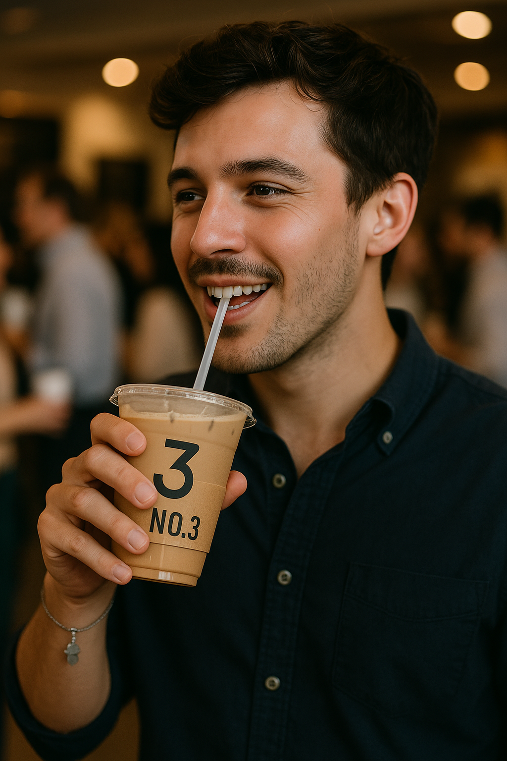 A smiling man drinking iced coffee through a straw at a social gathering.