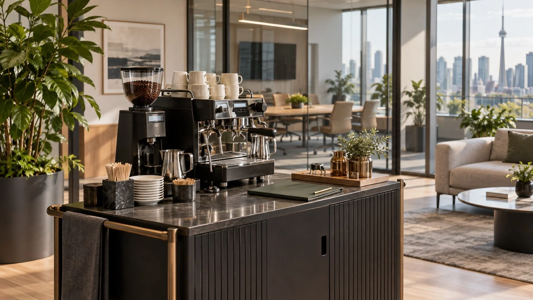 People-free mobile espresso bar set up in a modern Toronto office lounge