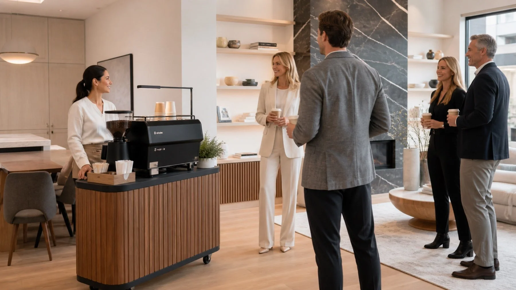 A mobile coffee cart welcoming guests inside a bright Toronto real estate open house