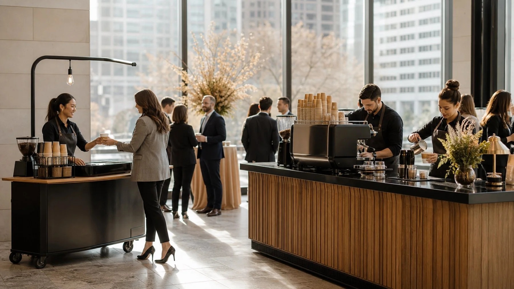Barista serving guests from a mobile espresso bar at a bright Toronto event venue