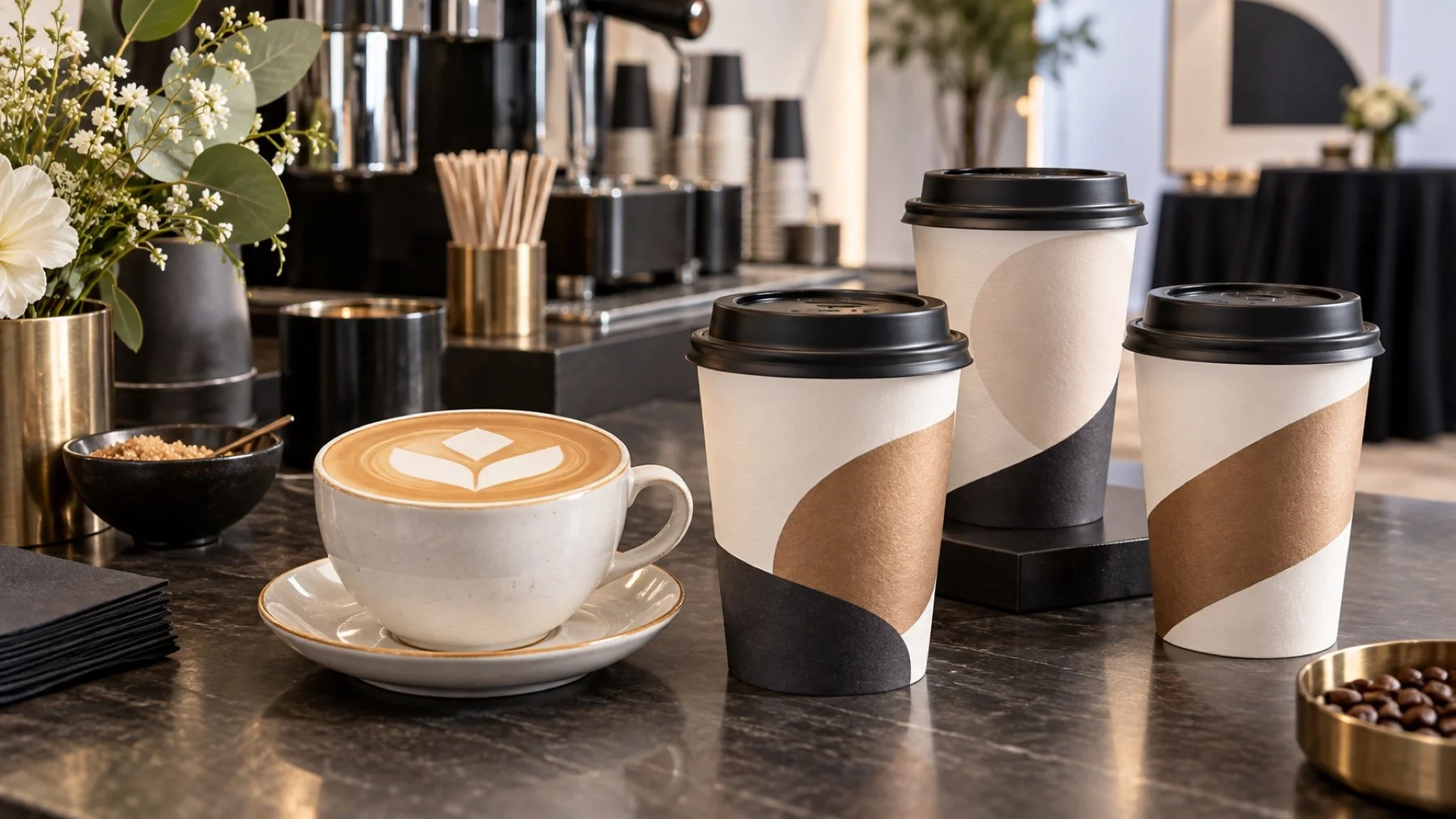 People-free branded event coffee setup with a plain cup mockup area and latte art, with no real logos or text