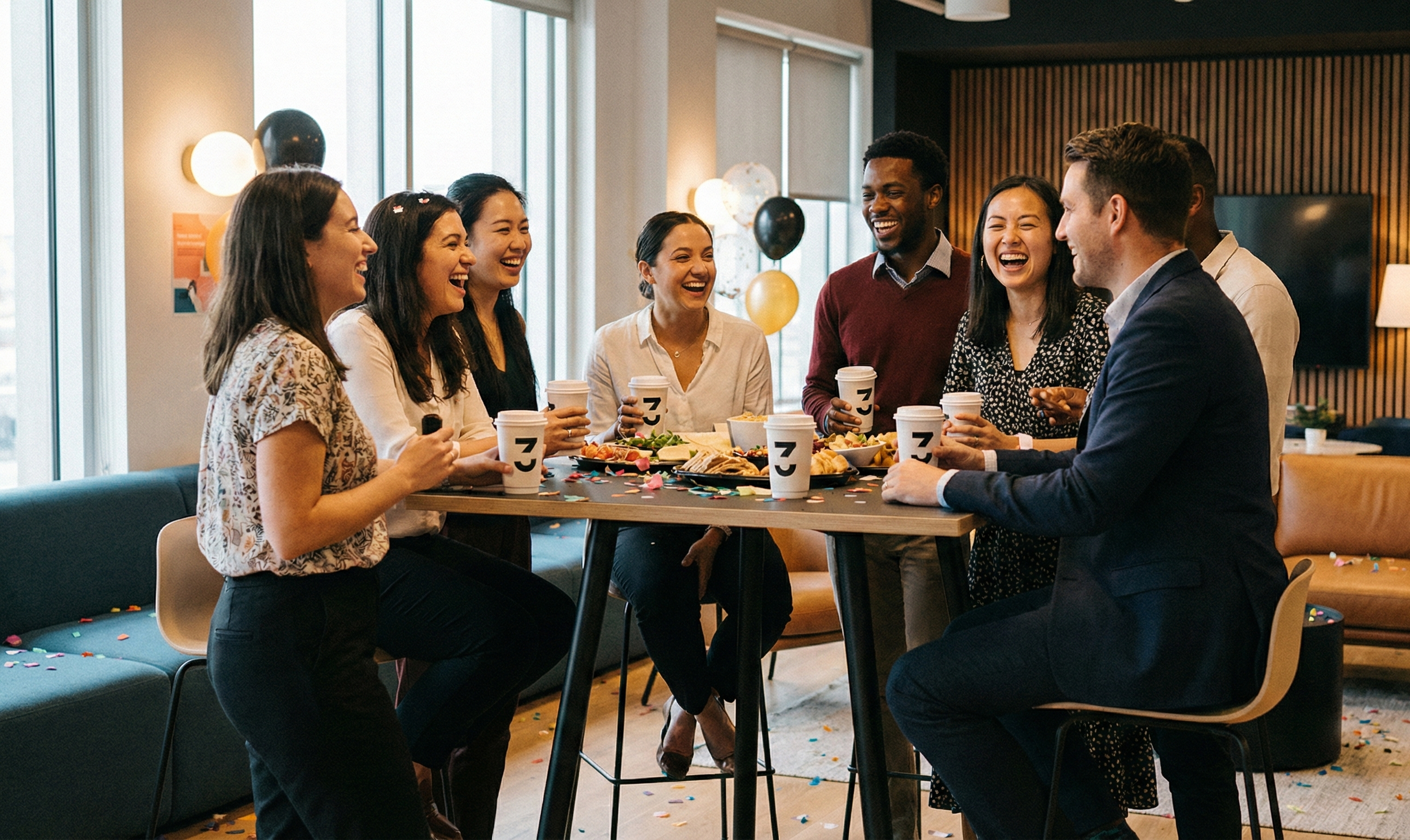 A diverse group of people gathered around a table, laughing and sharing drinks during a celebration with confetti and balloons in the background.