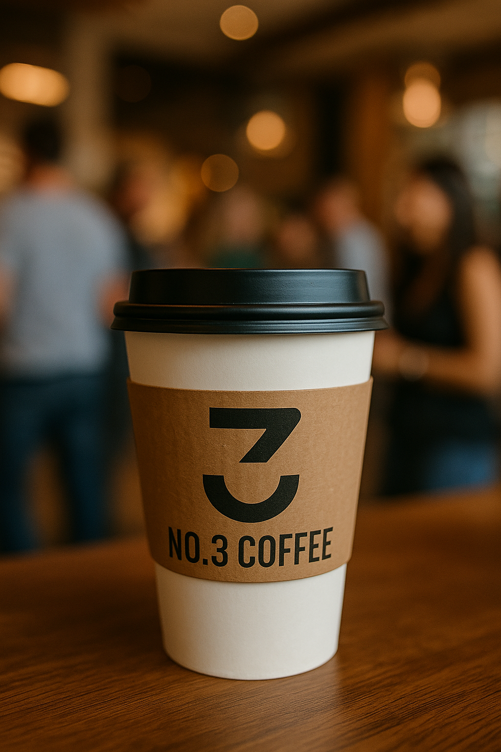 A takeaway coffee cup with a black lid and a cardboard sleeve reading "NO.3 COFFEE", on a wooden table in a busy coffee shop with blurred people in the background.