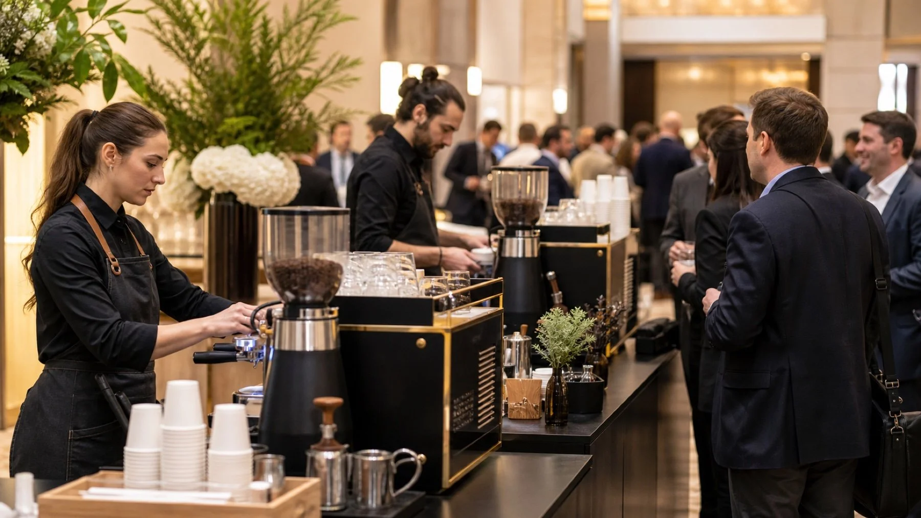 Two professional baristas serving an orderly coffee line at a modern event venue