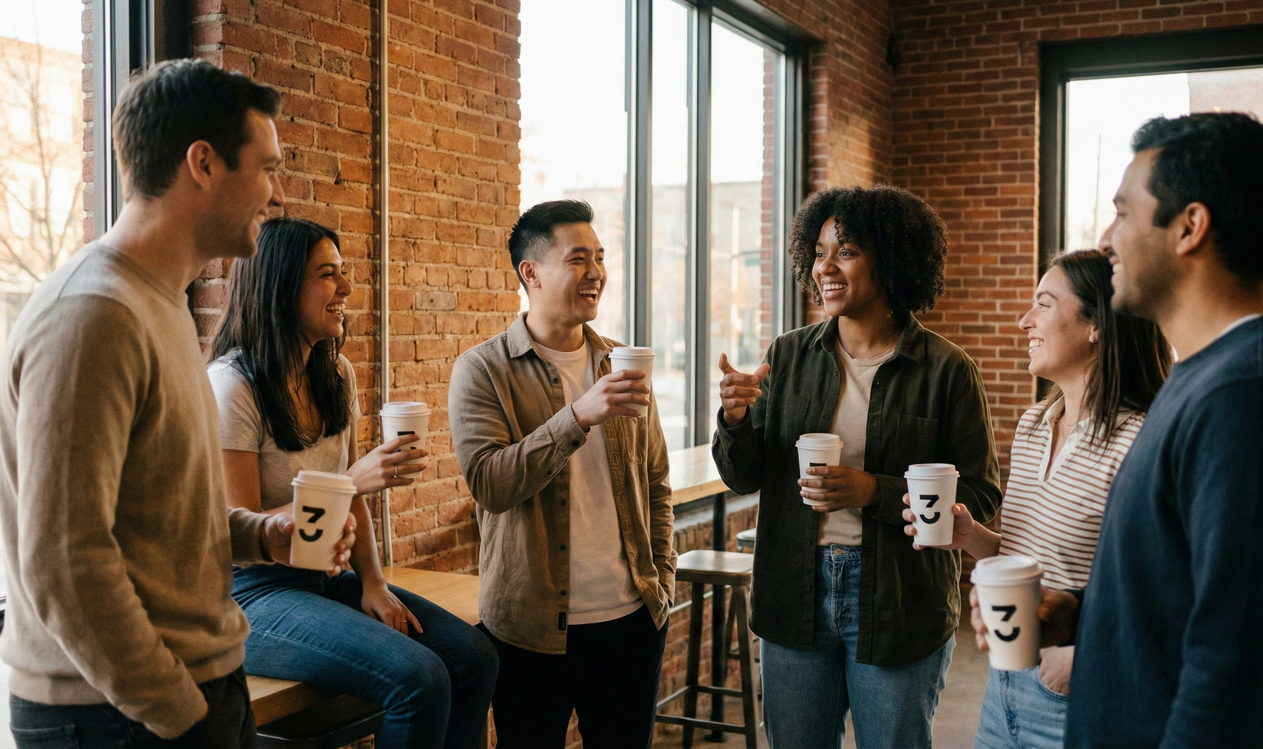 Group of six young adults chatting and smiling with coffee cups inside a brick-walled cafe.