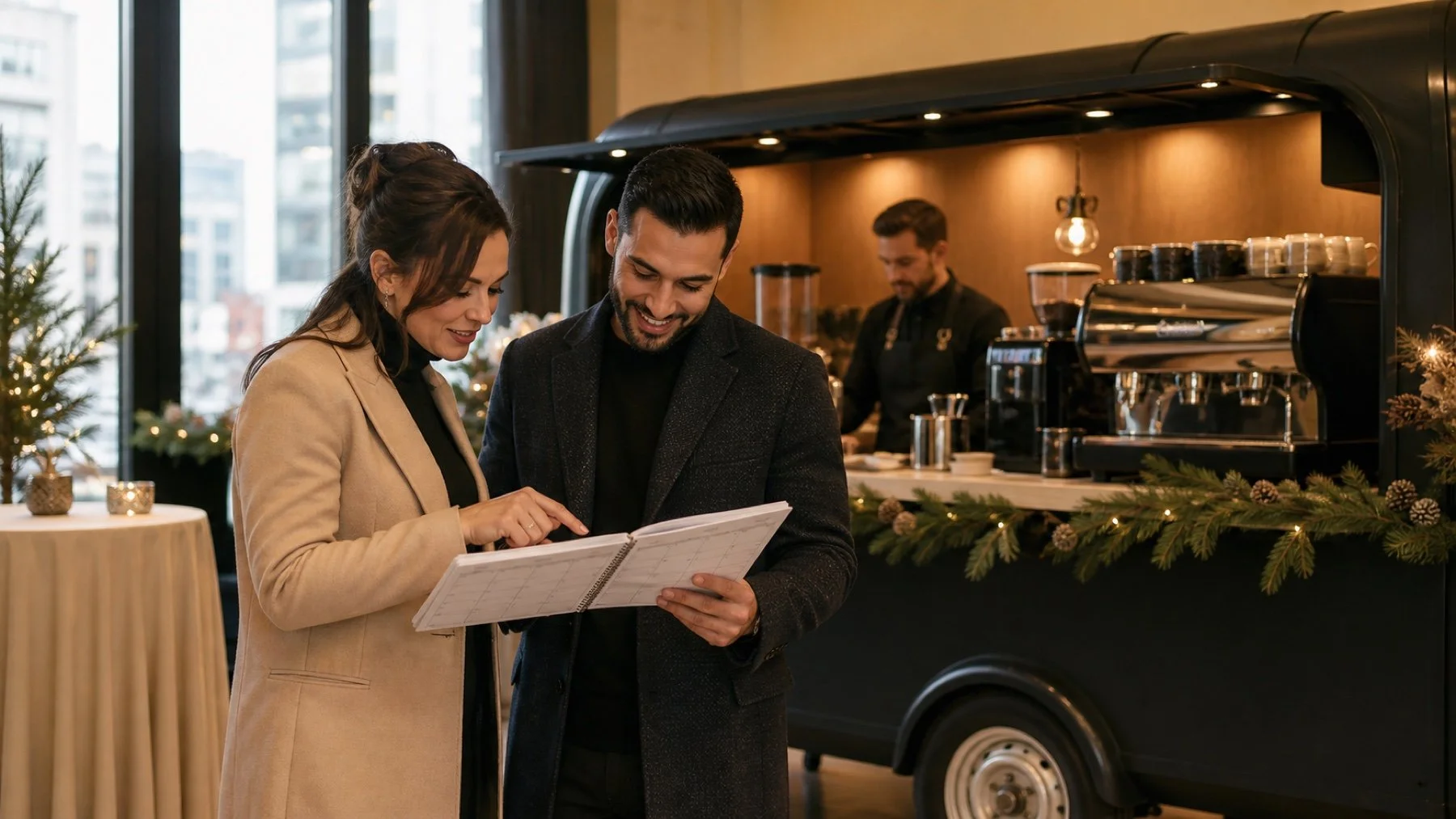 Event planners review details beside a mobile espresso bar decorated for a Toronto holiday party