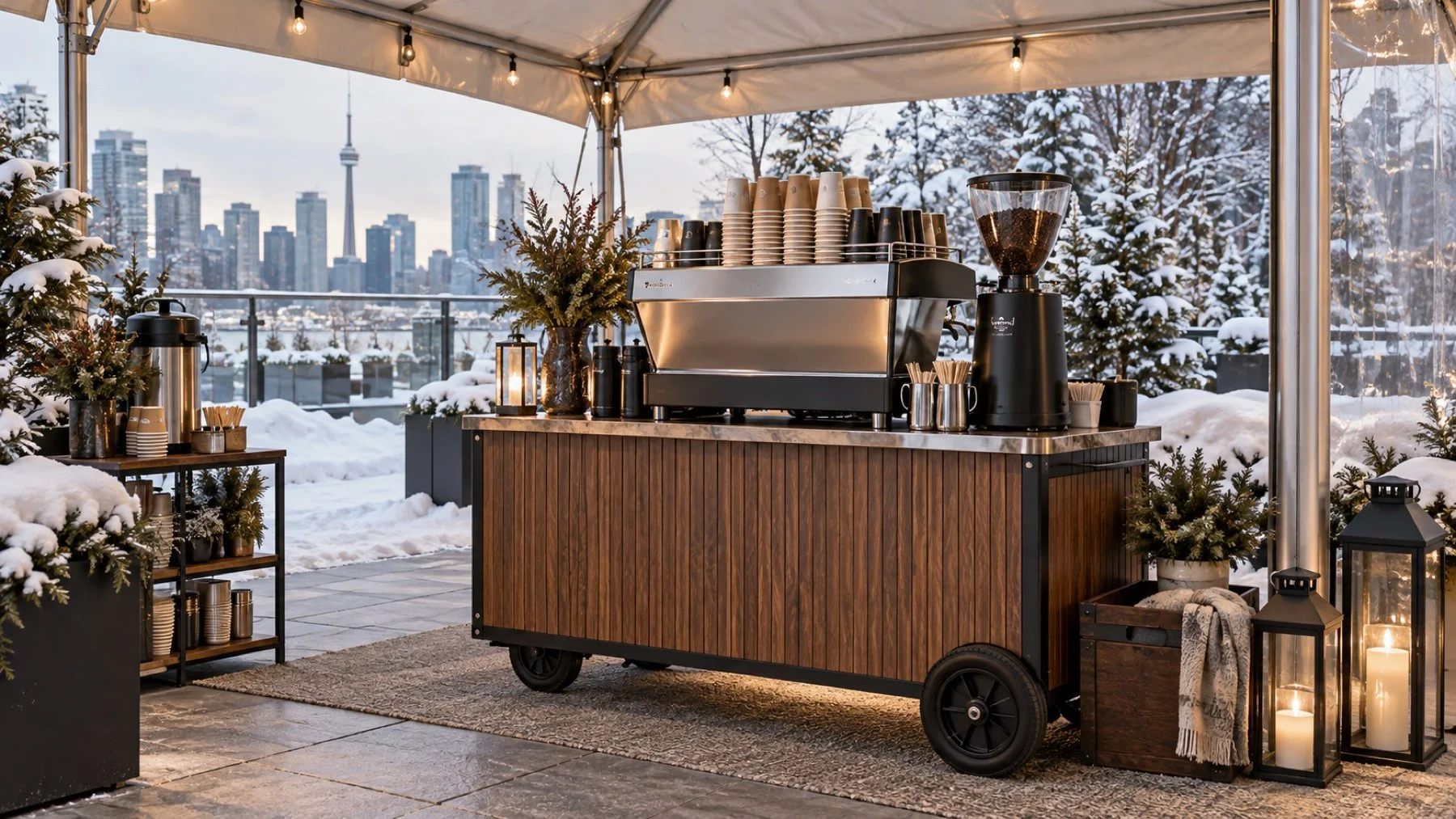People-free mobile espresso station under a covered winter event setup in Toronto