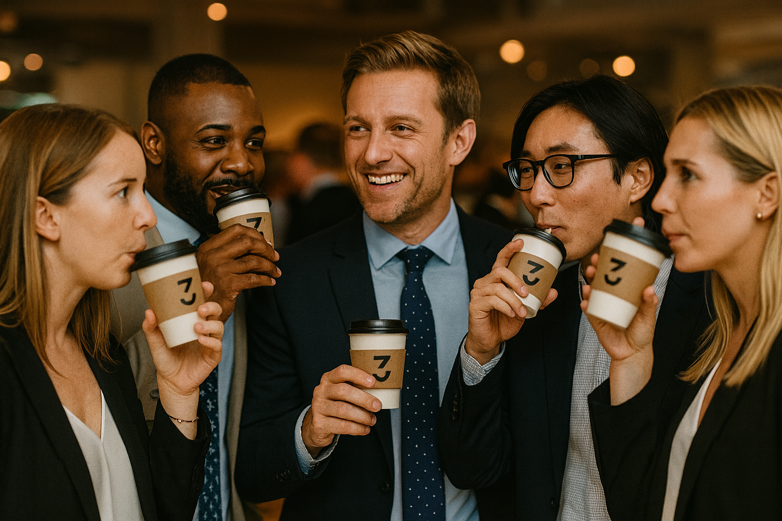 Group of five professionally dressed adults drinking coffee and talking at an indoor event.