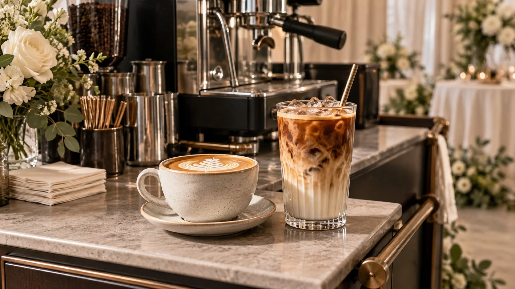 People-free event coffee bar displaying two elegant signature drinks with no visible branding