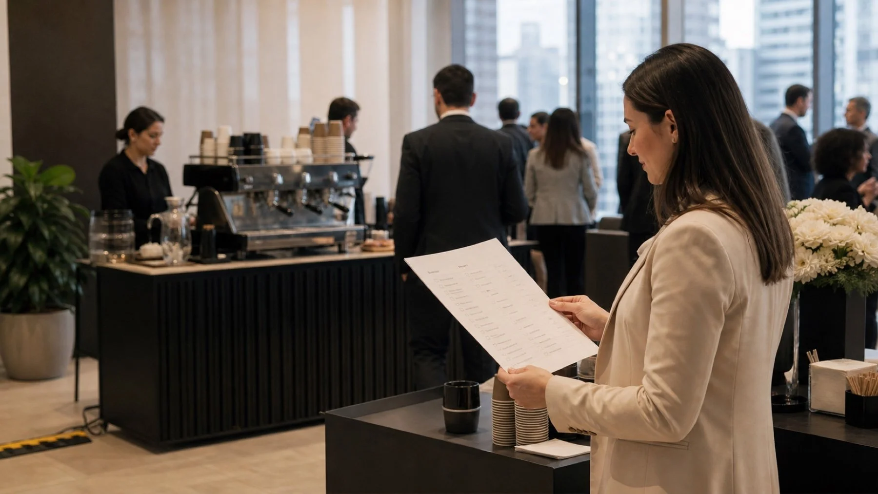 Event planner reviewing a checklist beside a mobile coffee bar at a Toronto corporate gathering