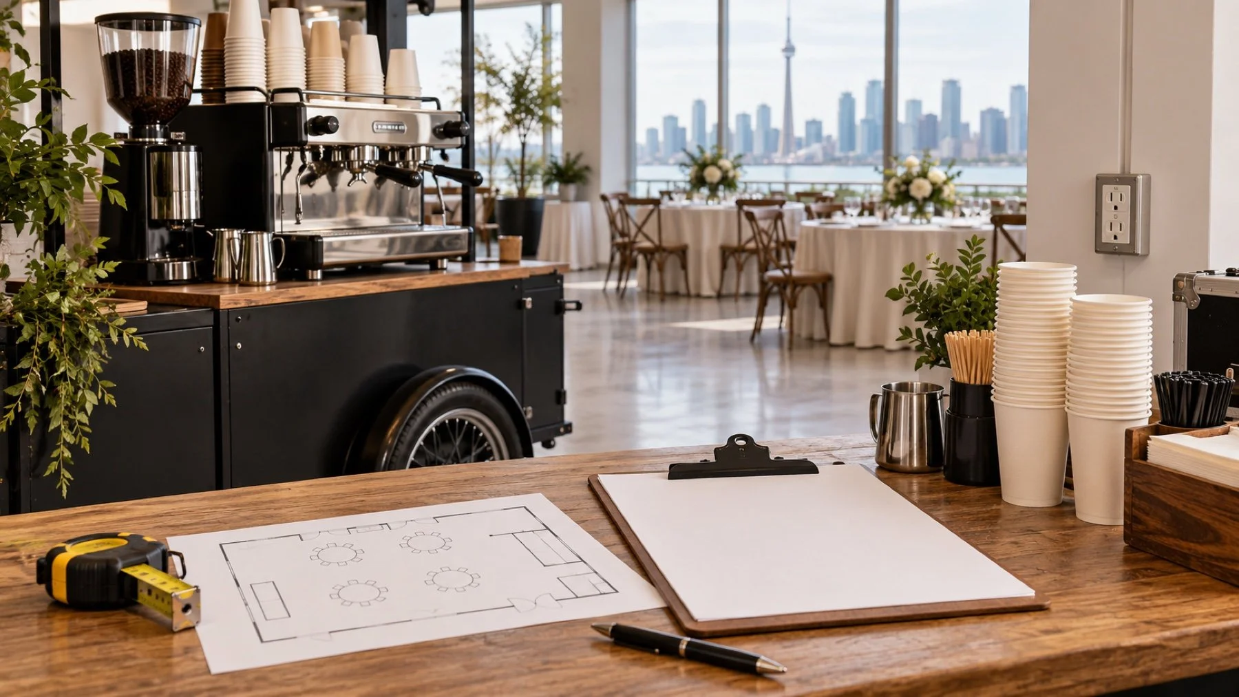 Event planner desk beside a mobile coffee bar quote checklist in a Toronto venue