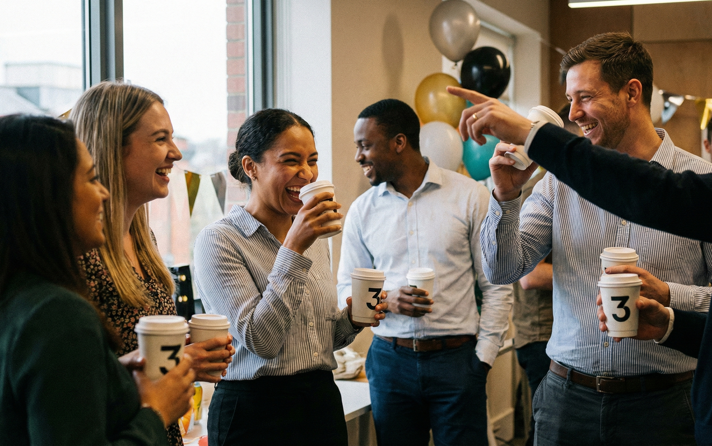 Group of colleagues at a celebration, holding coffee cups and laughing with balloons and decorations in the background.