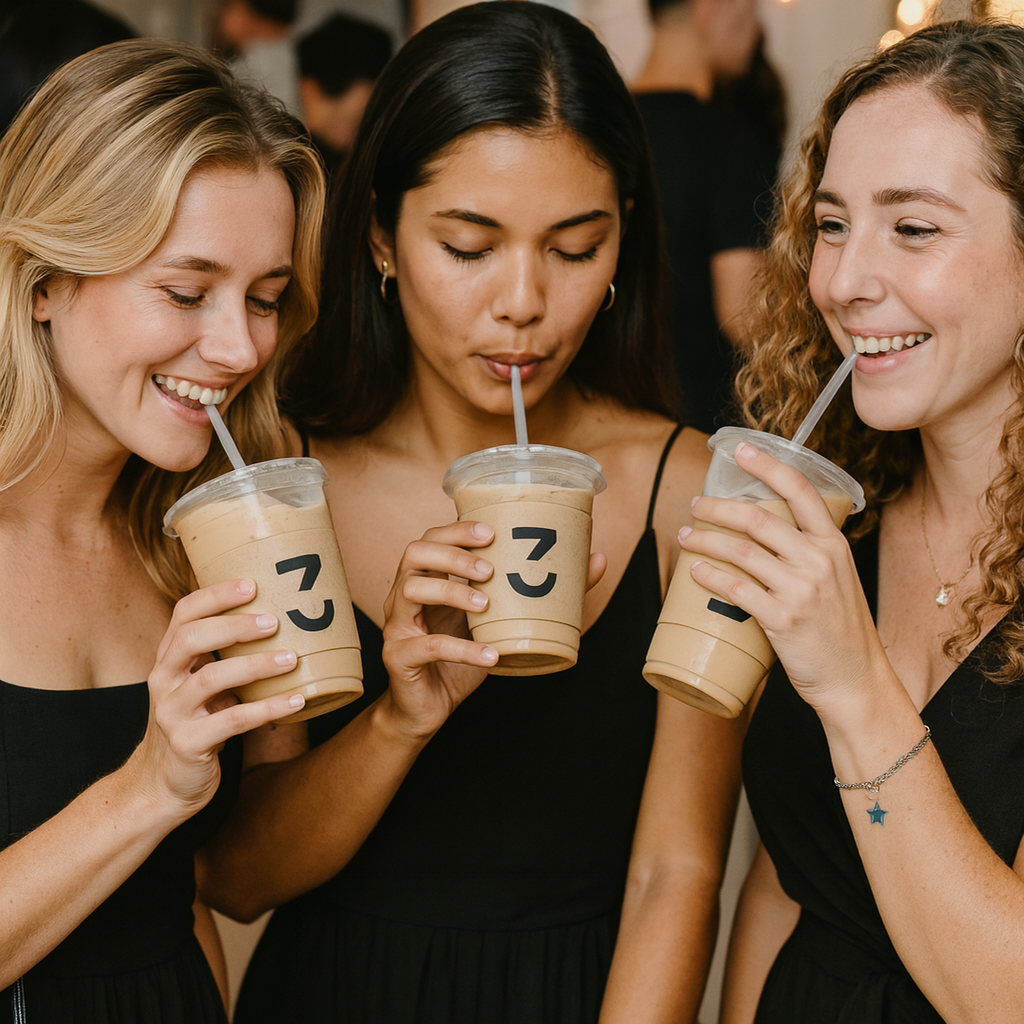 Three young women in black outfits enjoying iced coffee drinks with smiling faces on the cups, sharing a moment together.