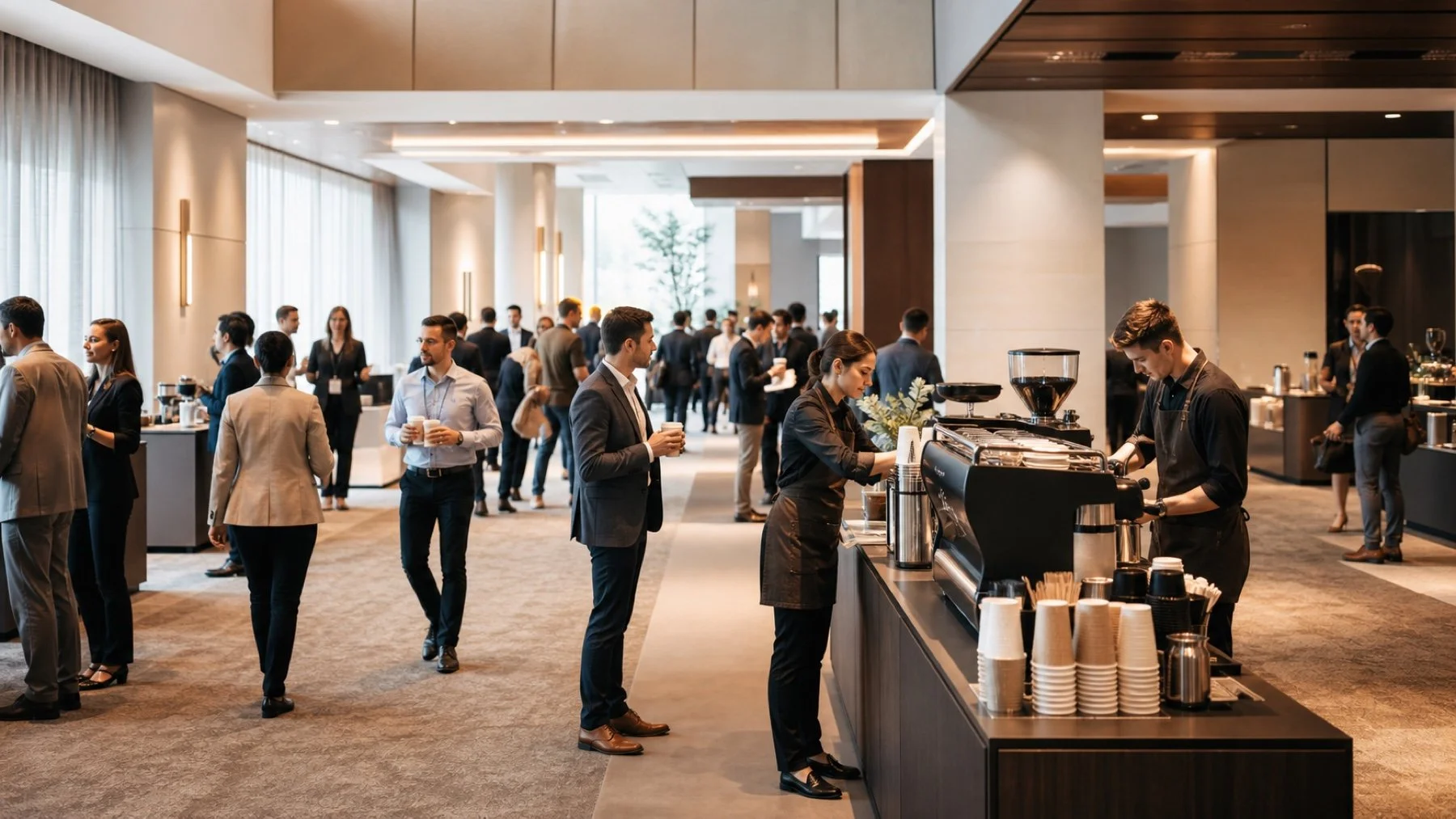 Two mobile espresso stations serving conference attendees during a scheduled break