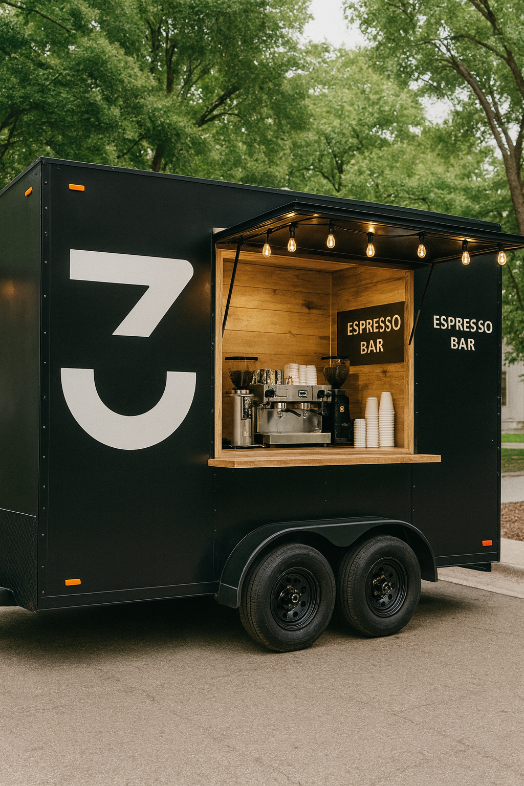 A black mobile espresso bar trailer with a large white number 7 on the side, set up outdoors with a wooden serving window, string lights, coffee pots, cups, and a sign reading "Espresso Bar" inside, surrounded by green trees.