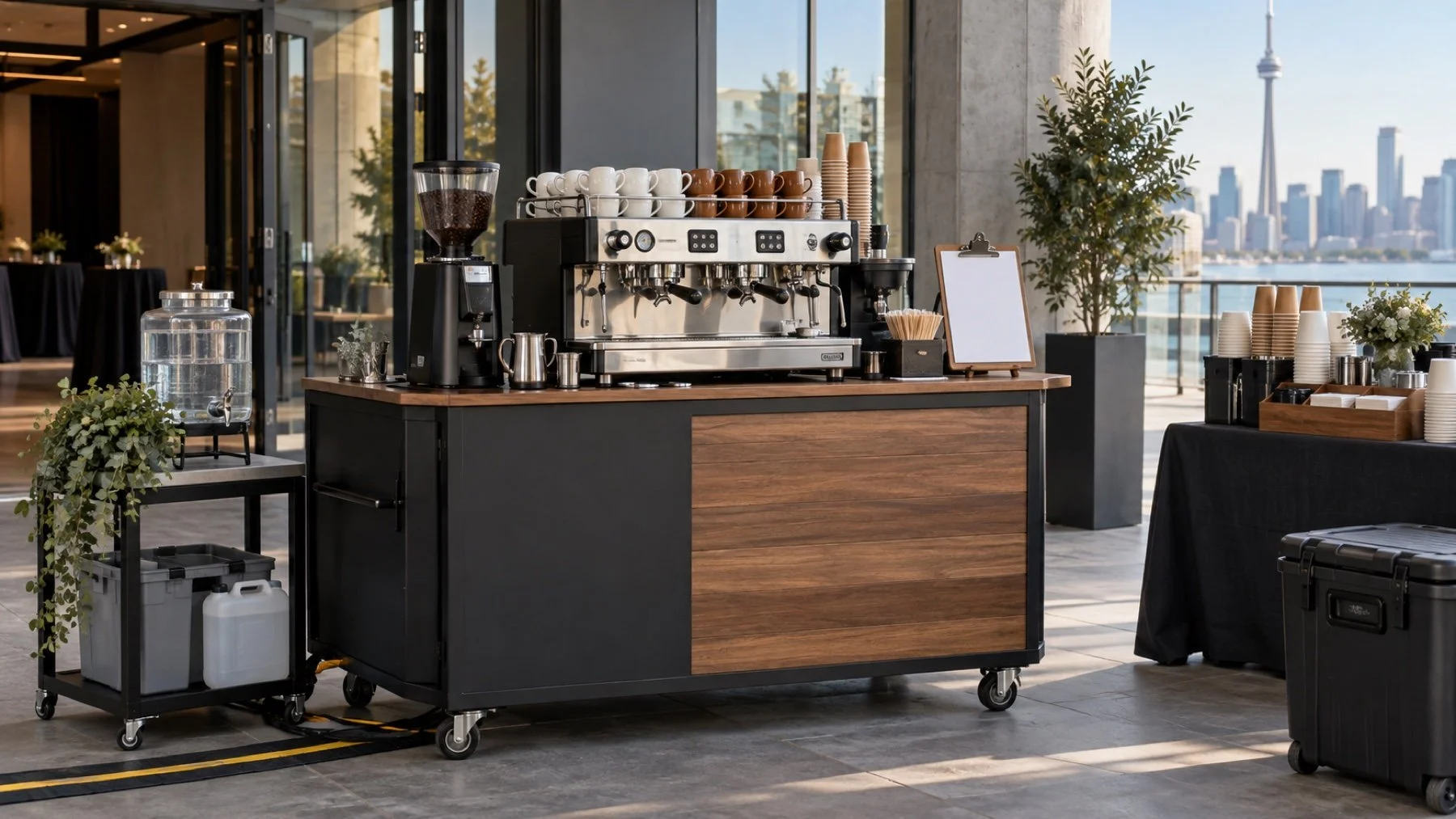 People-free professional mobile coffee catering station ready for a Toronto venue inspection