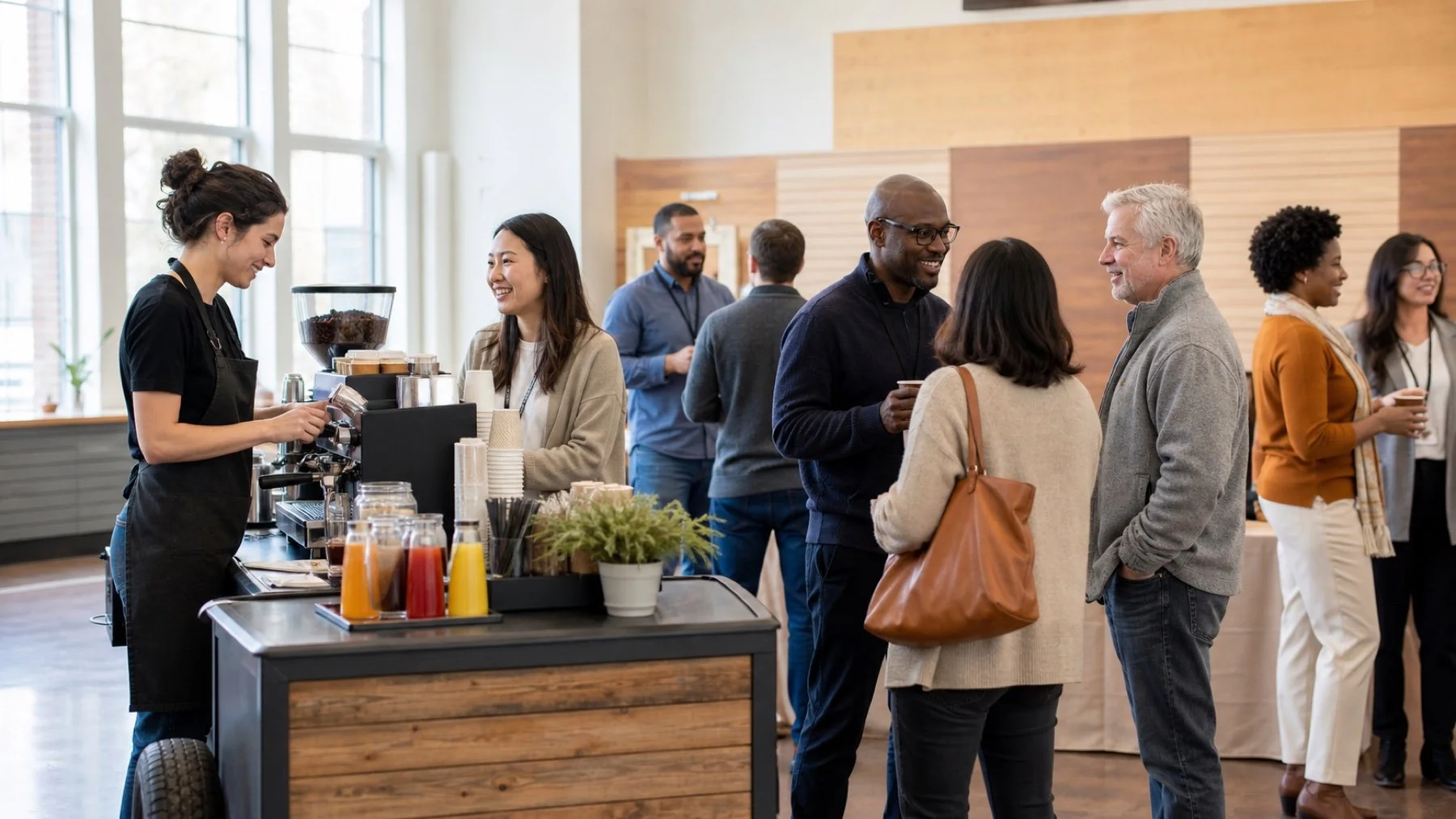 Baristas serving coffee to guests at a community fundraiser in a bright hall