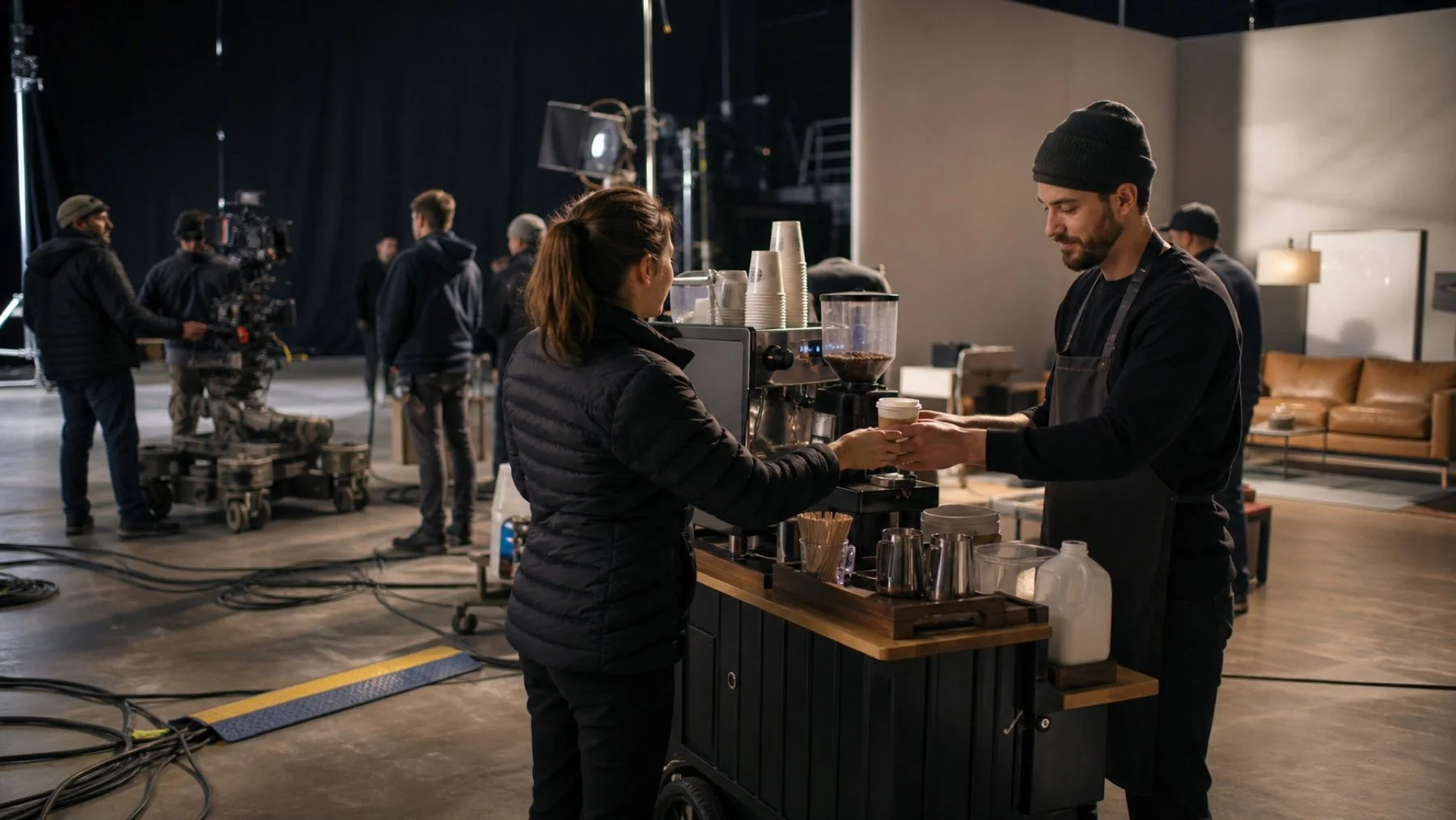 Barista serving coffee to a film crew at a production base camp