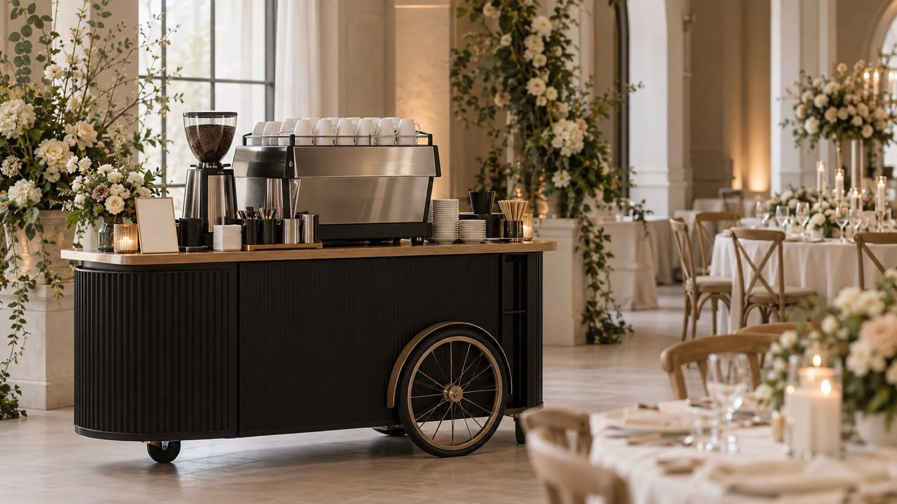 People-free mobile espresso bar prepared for a Toronto wedding reception