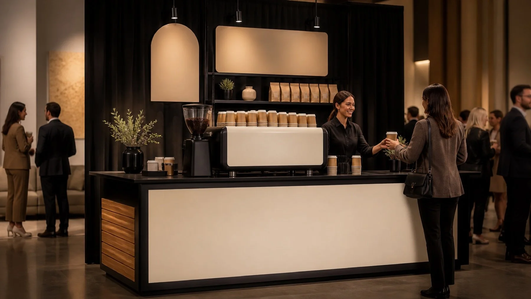 Premium branded coffee bar with coordinated cups and menu styling at a product launch