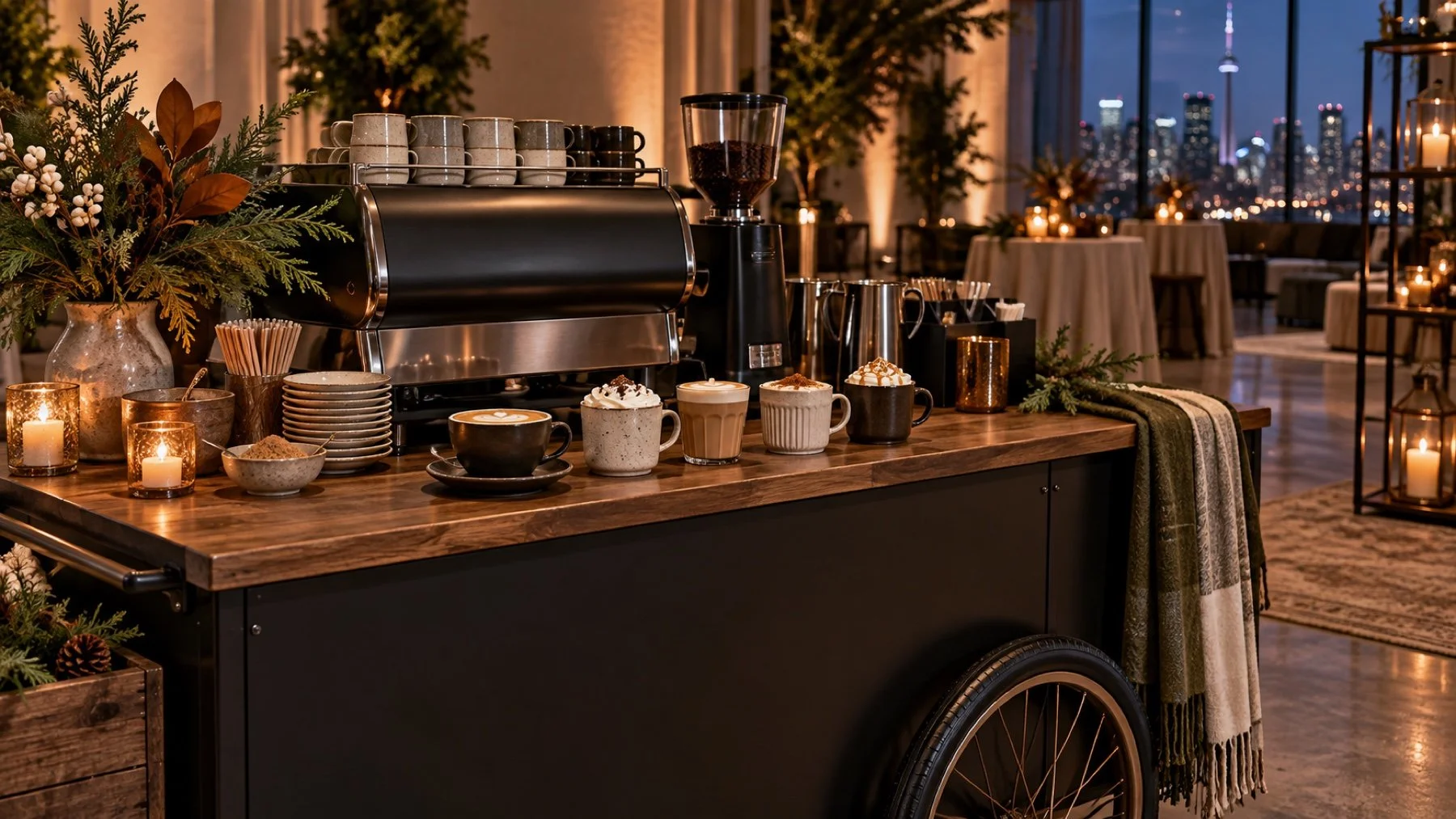 People-free mobile coffee bar with fall and winter drinks arranged for a Toronto event