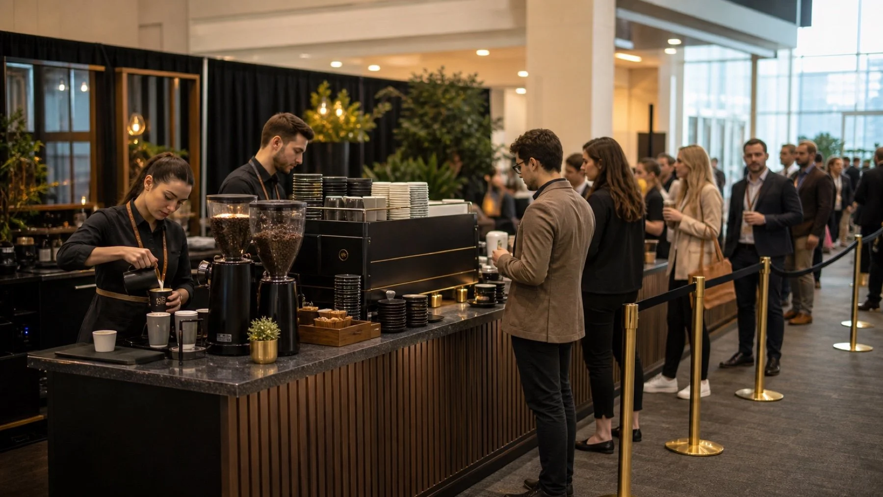 Baristas serving guests at an organized trade show coffee bar with a clear queue