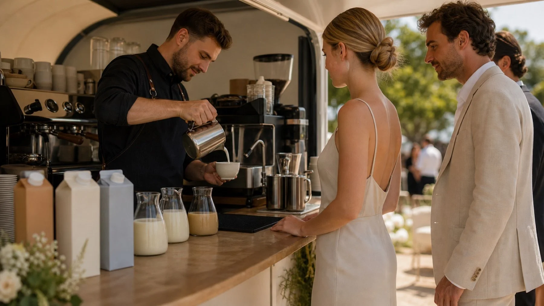 Barista pouring a plant based milk drink at a mobile coffee bar for event guests