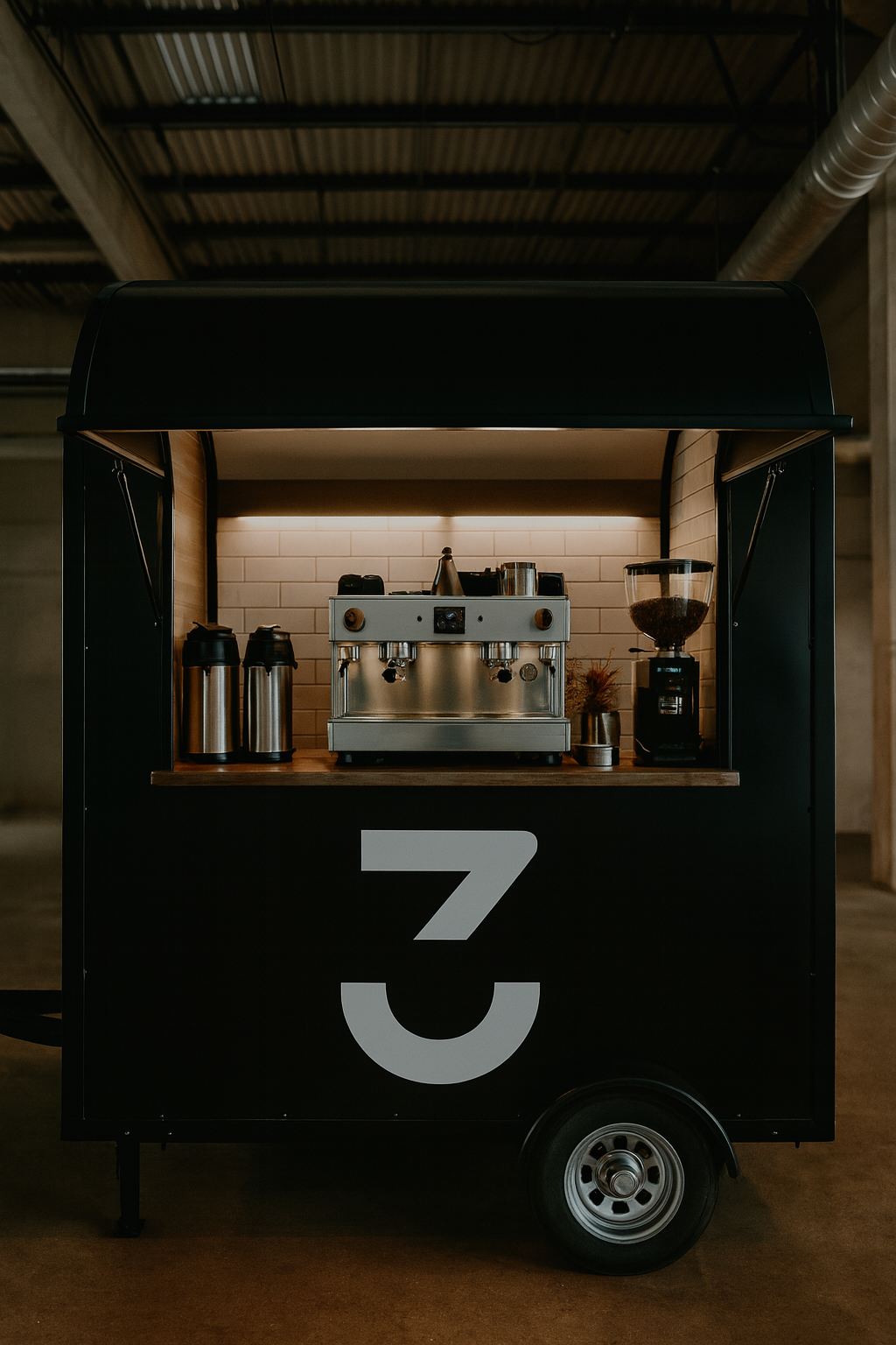 Coffee cart with espresso machine, coffee beans, and thermoses in a modern industrial setting